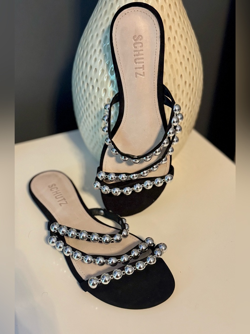 SCHUTZ Women's Arline Black and Silver Studded Strappy Flat Sandals Size 7 NEW